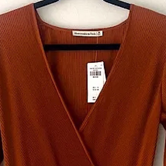 🍁Abercrombie & Fitch Satin Pleated Wrap Mini Dress -Burnt Orange Spice/Rust, S - Picture 5 of 6